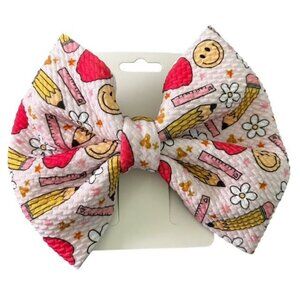 Pink Smiley Back to School Hair Bow 5" New
